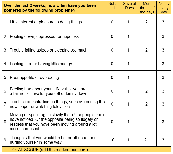 phq 9 assessment form