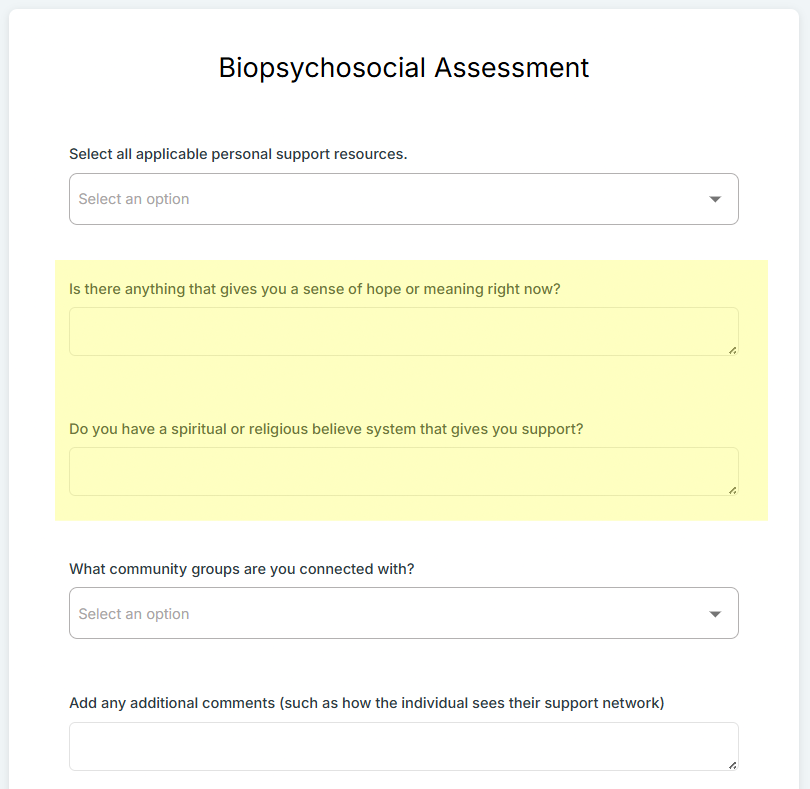 Adding spiritual questions to a biopsychosocial assessment