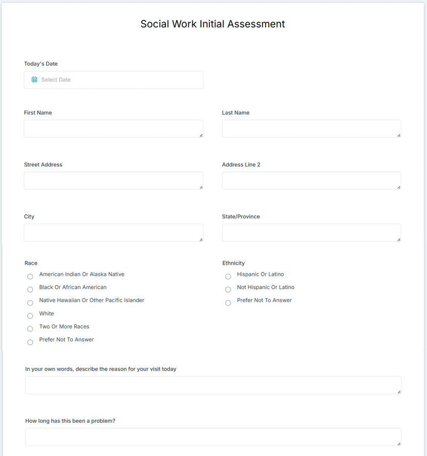 Example of a social work assessment template in the Case Management Hub software