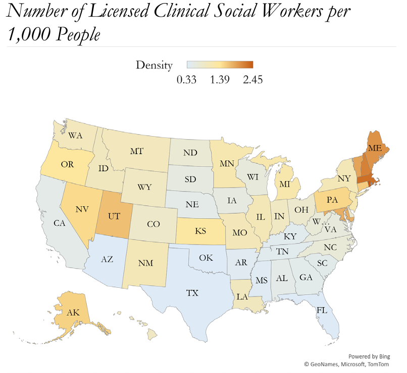 Number of LCSWs per 1000 people in the US